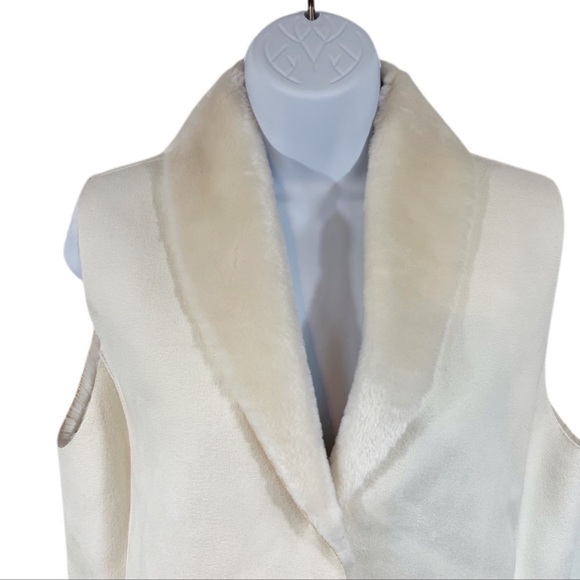 Vintage Lauren Ralph Lauren Vegan Suede Vest Petite S Cream Faux Fur Collar - Picture 2 of 11